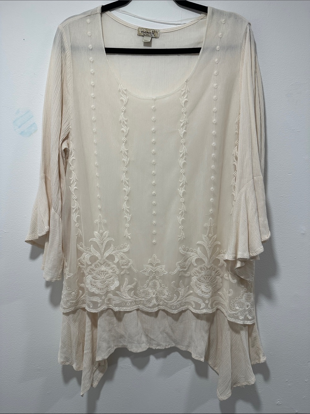 ONE WORLD Cream Embroidered Flowing Tunic Top 222